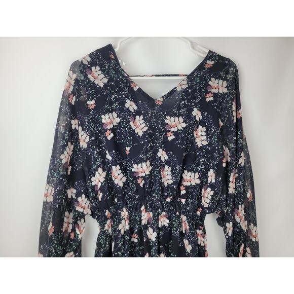 Hayden Los Angeles Women's Blue Floral Print V Neck Smock Waist Maxi Dress Sz S - Picture 2 of 8